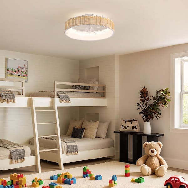 20 in. Indoor White Boho Flush Mount Rattan Ceiling Fan with Light and Remote, Dimmable Low Profile Ceiling Fan