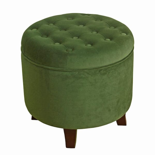 Benjara Green and Brown Velvet Round Storage Ottoman