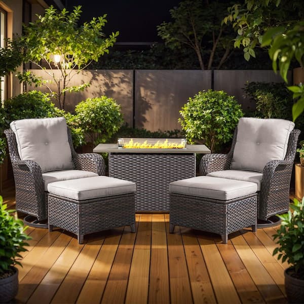 5-Piece Brown Wicker Fire Pit Conversation Set with Olefin Beige Cushions and Curved Arm Swivel Gliders and Ottoman