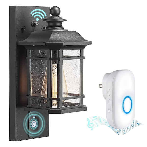 JAZAVA Classic Black Motion Sensing Dusk to Dawn Outdoor Sconce with Doorbell Wall Lantern Light 1PK
