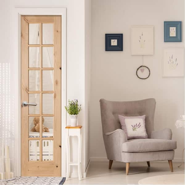 28 in. x 96 in. Krosswood French Knotty Alder 12-Lite Tempered Glass Solid Right-Hand Wood Single Prehung Interior Door