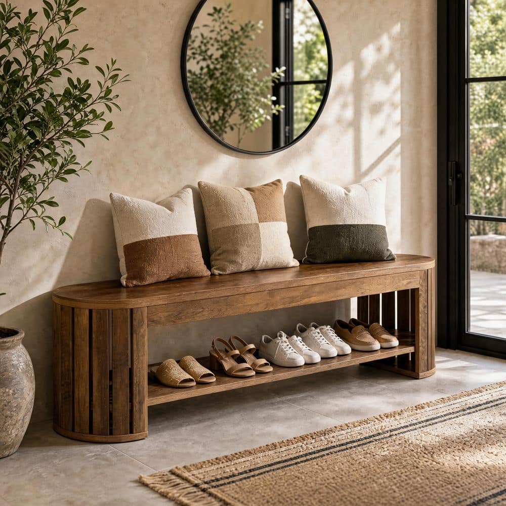 17.72 in. H x 63 in. W Brown Wood Shoe Storage Bench with Secure Rounded Edges,End of Bed Bench with Adjust Foot Pads