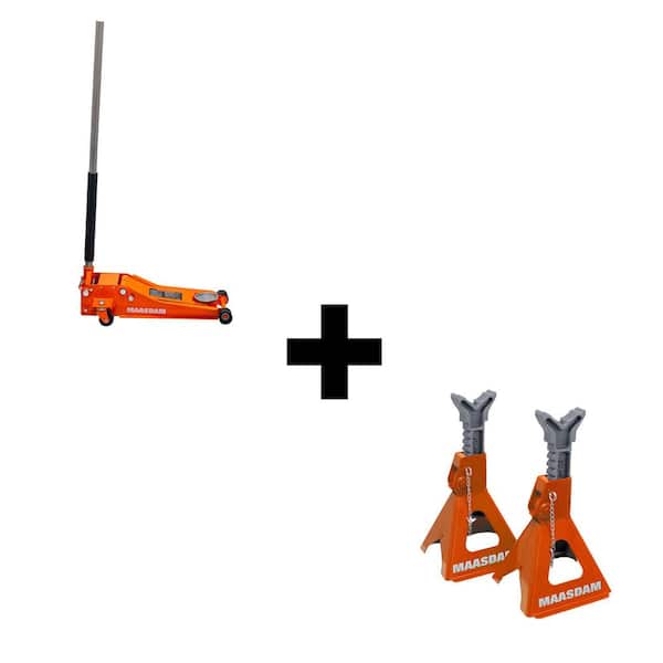Maasdam 3-Ton Low Profile Car Jack with Quick Lift and 3-Ton Jack Stand in Orange