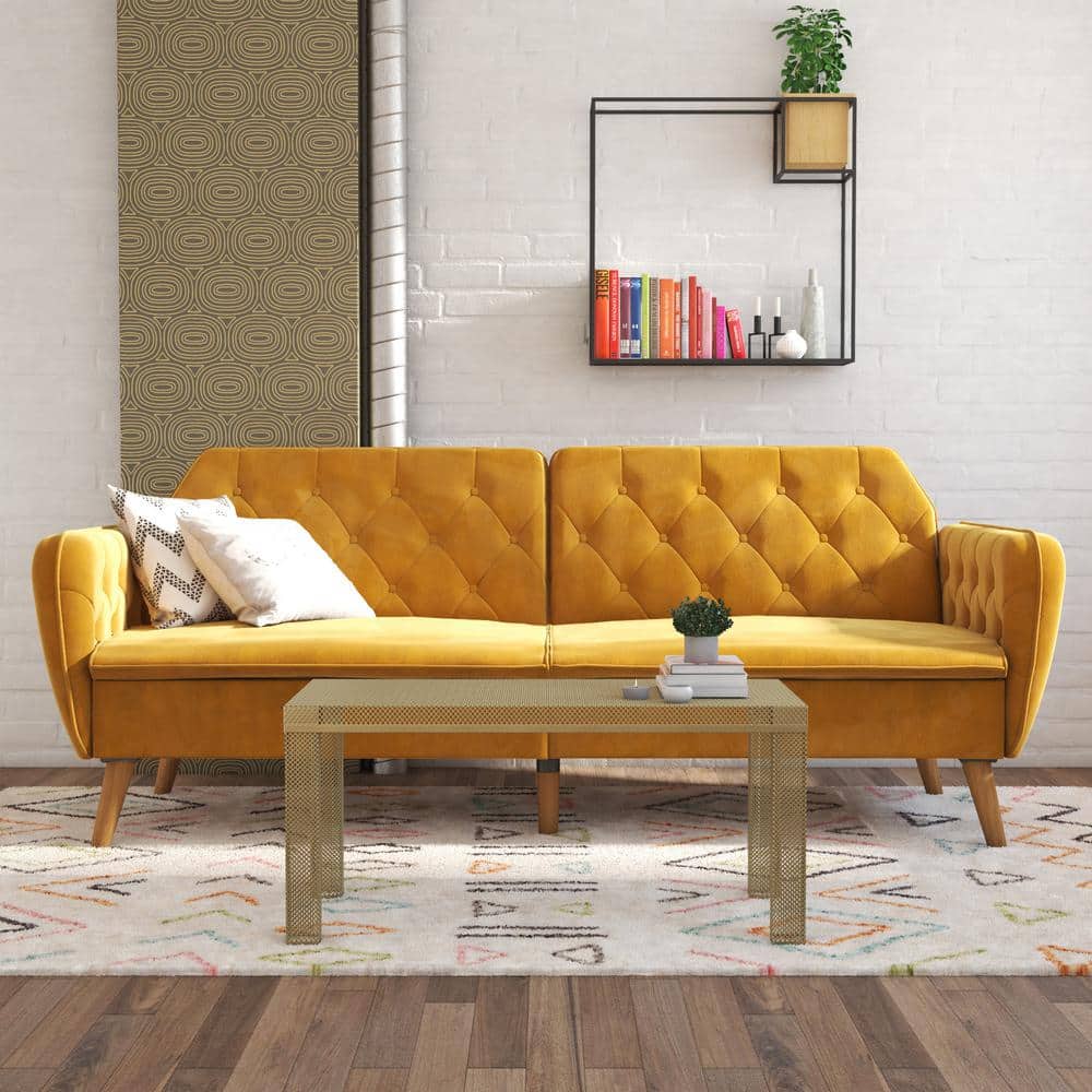 Mustard Faux Leather Tufted Twin Sleeper Sofa with Memory Foam