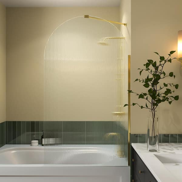 Xspracer Victoria 33 in. W x 58 in. H Fixed Frameless Tub Door in Brushed Gold Finish with Fluted Glass