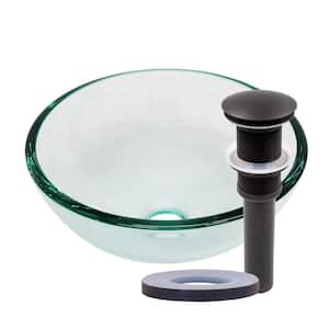 12 in. Mini Clear Tempered Glass Round Bathroom Vessel Sink with Pop-Up Drain in Oil Rubbed Bronze