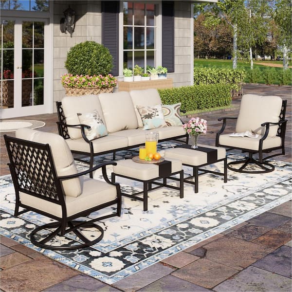 PHI VILLA Black 5-Piece Metal Meshed 7-Seat Outdoor Patio Conversation Set with Beige Cushions, 2 Swivel Chairs and 2 Ottomans