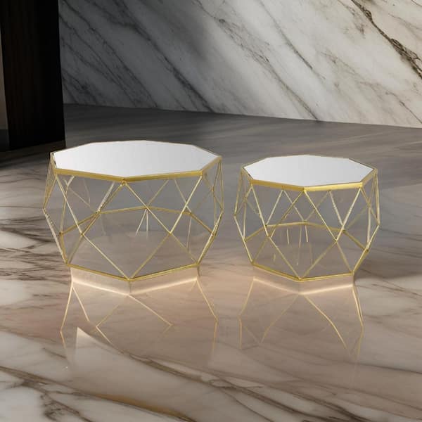 Benjara 15.75 in. Gold and White Tile Plant Stand with 1-Tier (Set of 2)