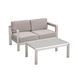 Alvira Silver 2-Piece Aluminum Patio Conversation Set with Khaki Cushions