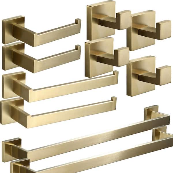 10-Piece Bath Hardware Set with Towel Bar Toilet Paper Holder Towel Hook in Brushed Gold