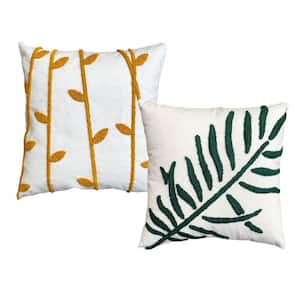 White, Green and Yellow 17 in. x 17 in. Square Cotton Leaf Embroidery Accent Throw Pillow (Set of 2)
