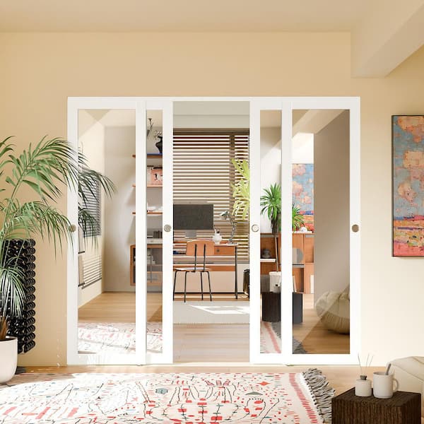 96 in. x 80 in. MDF 1-Lite Mirror Sliding Door with Hardware Track Kit and Floor Guide and Handle, Finished Double Doors