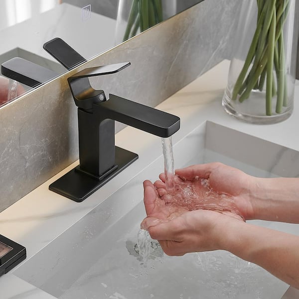 Single Handle Single Hole Bathroom Faucet with Deckplate and Drain Included, Lever Handle Bathroom Faucet in Matte Black