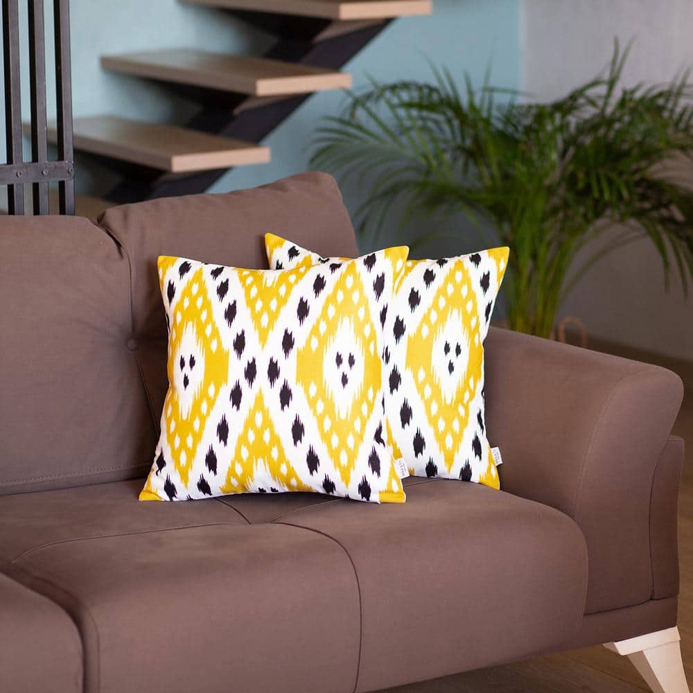 Yellow and White Ikat Polyester Euro Throw Pillow Covers, Set of 2
