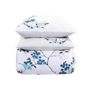 Blue White Botanical Queen Cotton Duvet Cover Set
