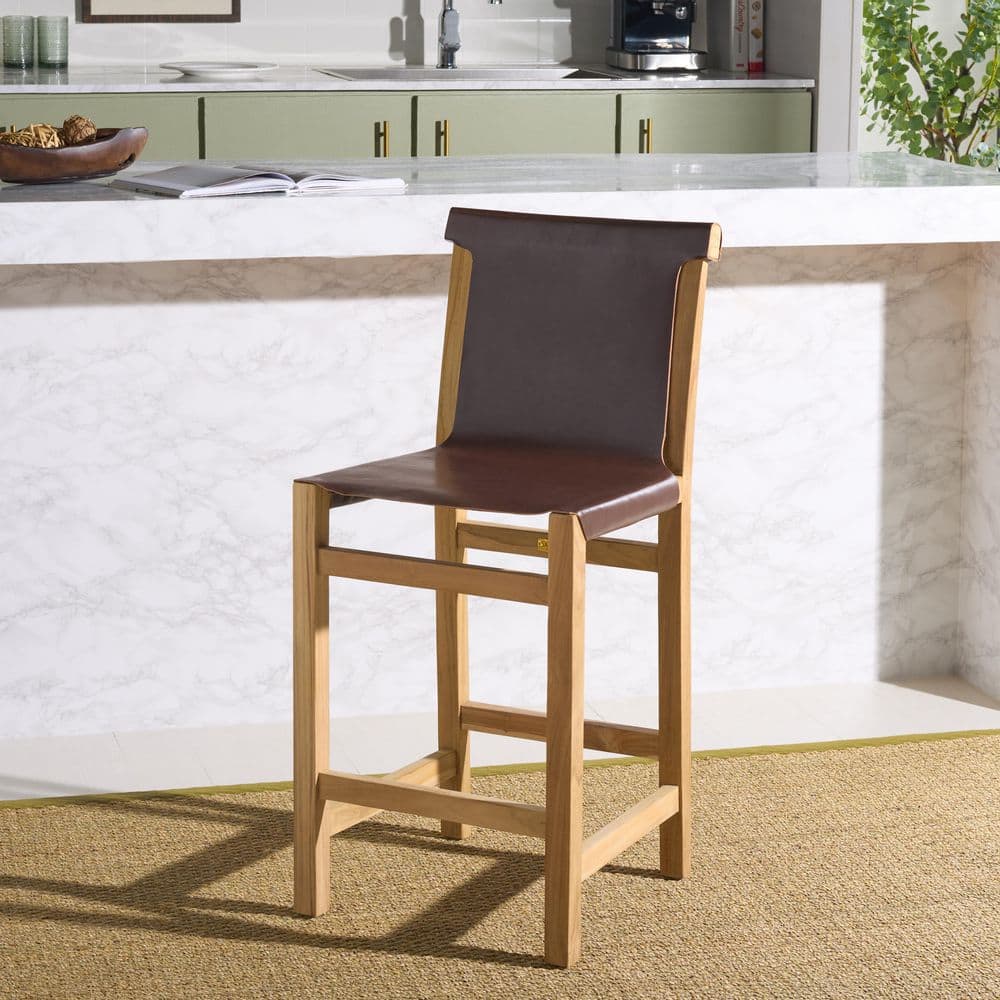 Arian 39.8 in. H Cognac/Natural Wood Bar Stool with Leather Seat price history on PriceWatchPro