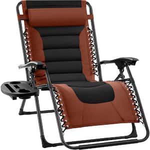 Oversized Padded Zero Gravity Rust/Black Metal Reclining Outdoor Lawn Chair with Side Tray