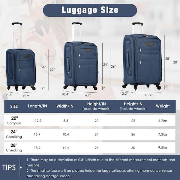 3-Piece Dark Blue Upright Spinner Softshell Lightweight Luggage Set with Duffel Bag