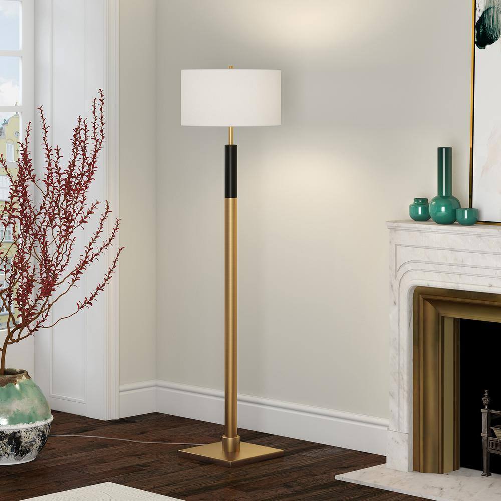 Brass and Black Adjustable Floor Lamp with Drum Shade