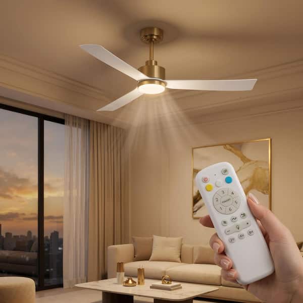 52 in. Indoor Matte White and Gold Brushed Low Profile 3-Colors LED Flush Mount Ceiling Fan with Light Kit and Remote