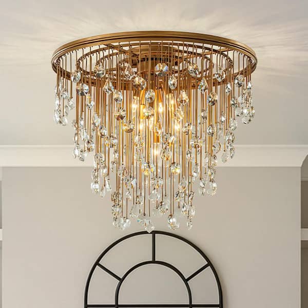 W28 in. 7-Light Modern Crystal Flush Mount Ceiling Light Antique Gold Luxury Flush Lighting for Entryway Low Ceiling