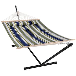 12 ft. Free Standing, 475 lbs. Capacity, Heavy-Duty 2-Person Hammock with Stand and Detachable Pillow in Blue and Aqua