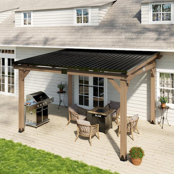 Aeroeave 10 ft. x 12 ft. Cedar Wood Frame Outdoor Lean-To Hardtop Gazebo with Galvanized Steel Sloped Roof