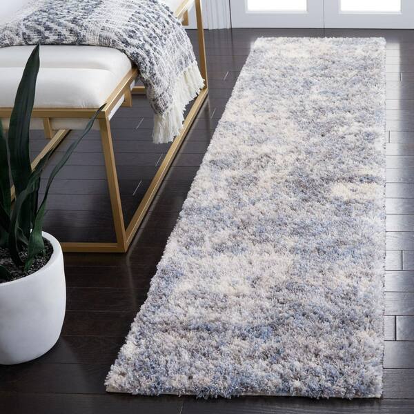 Berber Shag 2 x 14 Ivory/Blue Abstract Runner Rug