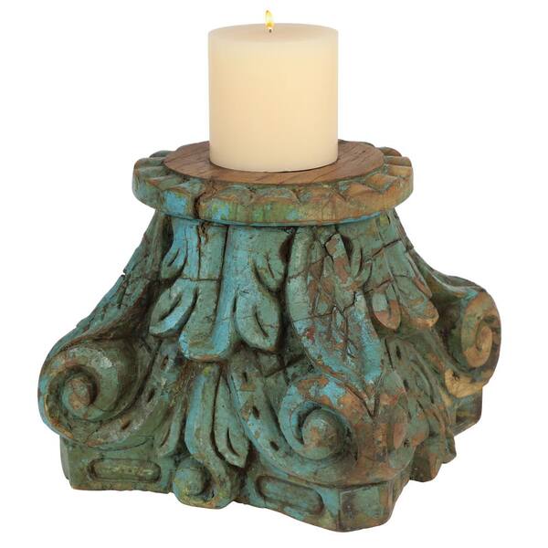 Litton Lane 10 in. x 11.5 in. Wooden Pillar Candle Holder from India
