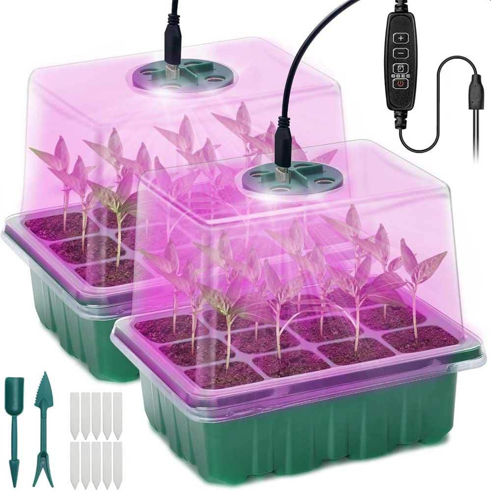 Seed Starter Tray w/ Grow Light 2-Piece Mini Greenhouse Kit with Humidity Domes and Base,Adjustable Brightness and Timer price history on PriceWatchPro