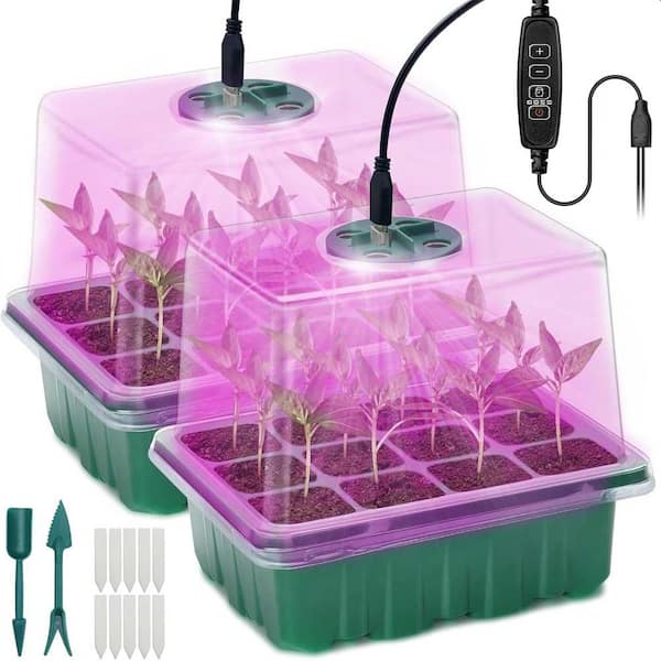 Seed Starter Tray w/ Grow Light 2-Piece Mini Greenhouse Kit with Humidity Domes and Base,Adjustable Brightness and Timer