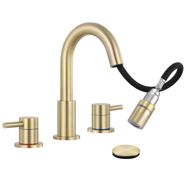 2 handle Pull down Spout 8 in. Widespread Bathroom Faucet 3 Hole Bathroom Sink Faucet in Brushed Gold