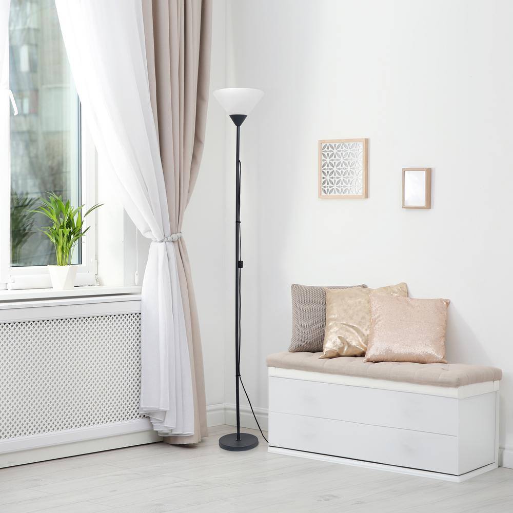Essentix 70" Black Metal Torchiere Floor Lamp with White Plastic Shade
