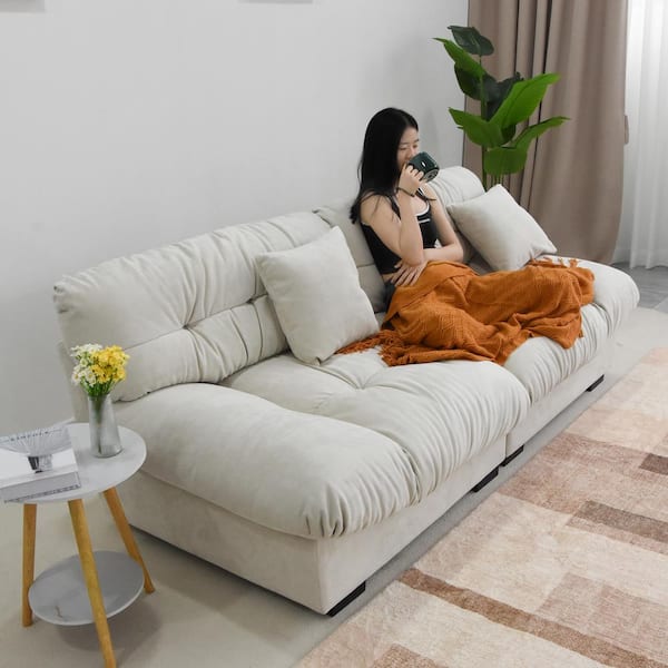 Beige Velvet 3-Seats Modern Cloud Futon Sofa