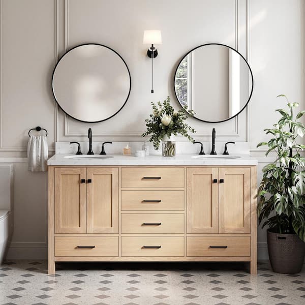 ARIEL Cambridge 66 in. W x 22 in. D x 36 in. H Double Oval Sink Bath Vanity in Oak with Carrara White Quartz Top
