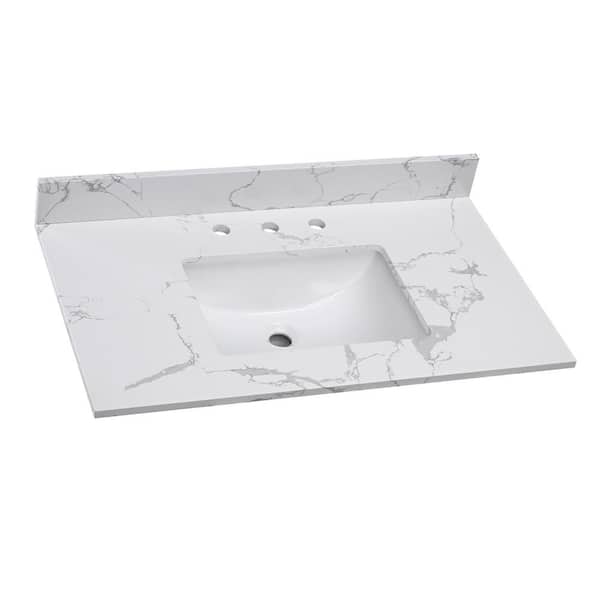 PROOX 37 in. W x 22 in. D Engineered Stone Composite White Rectangular Single Sink Bathroom Vanity Top in Fish Belly