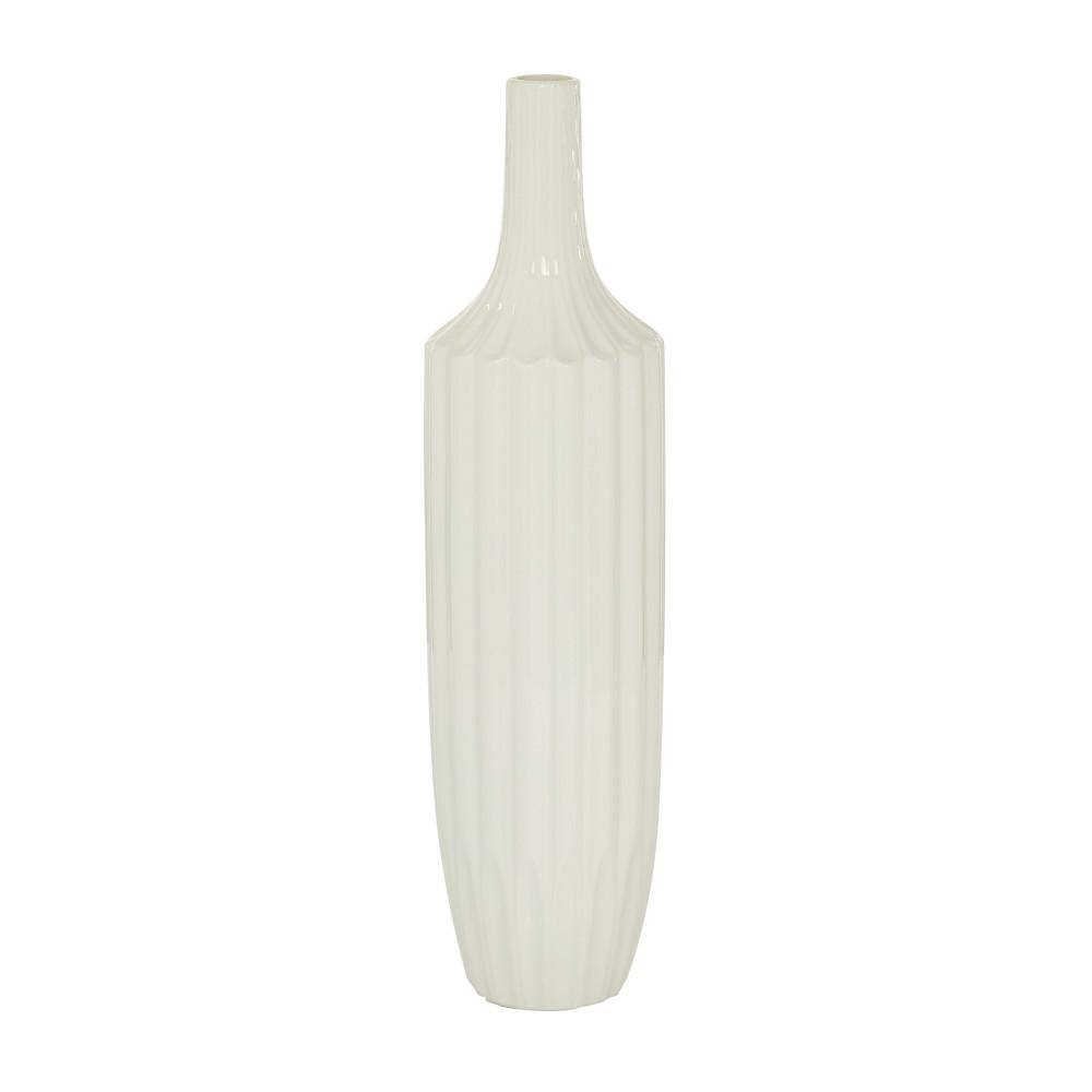 Ceramic Elegance 19" Tall Bud Vase with Vertical Groove Detail in Glossy White