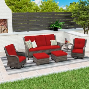 6-Piece Wicker Outdoor Sectional Sofa Set Patio Conversation with Red Cushions