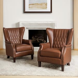 Valerius Brown Genuine Leather Armchair with Nailhead Trims and Solid Wood Legs (Set of 2)