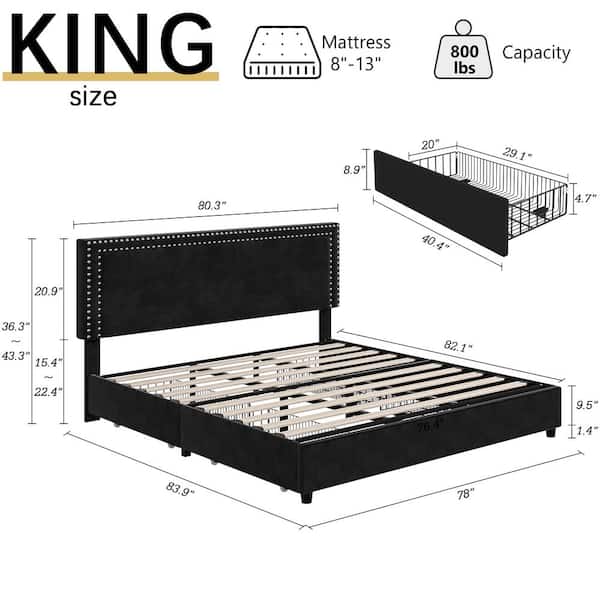 Platform Bed Frame Black Metal Frame King Size Platform Bed with 4 Storage Drawers, Upholstered bed with Headboard