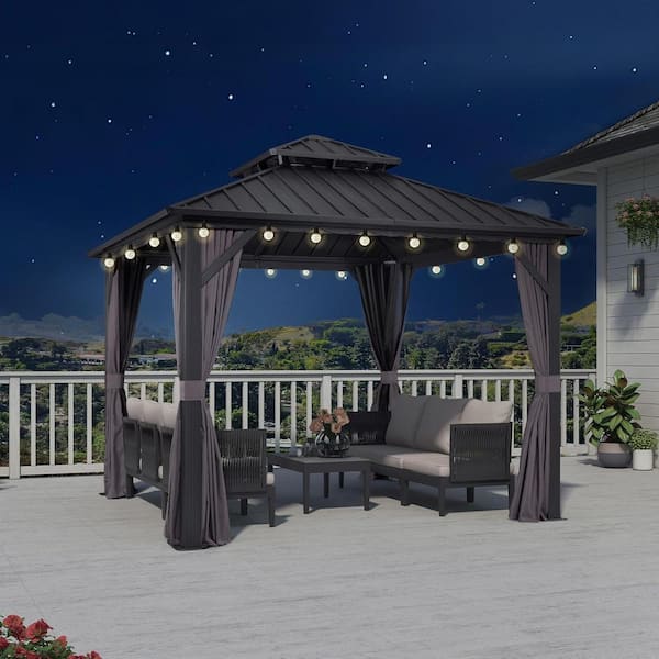 10 ft. x 10 ft. Gray Aluminum Hardtop Gazebo Canopy with Netting and Curtains