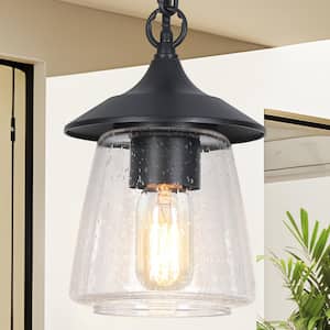 Modern Farmhouse Black Outdoor Pendant Light for Covered Porch Gazebo, 1-Light Hanging light with Seeded Glass Shade