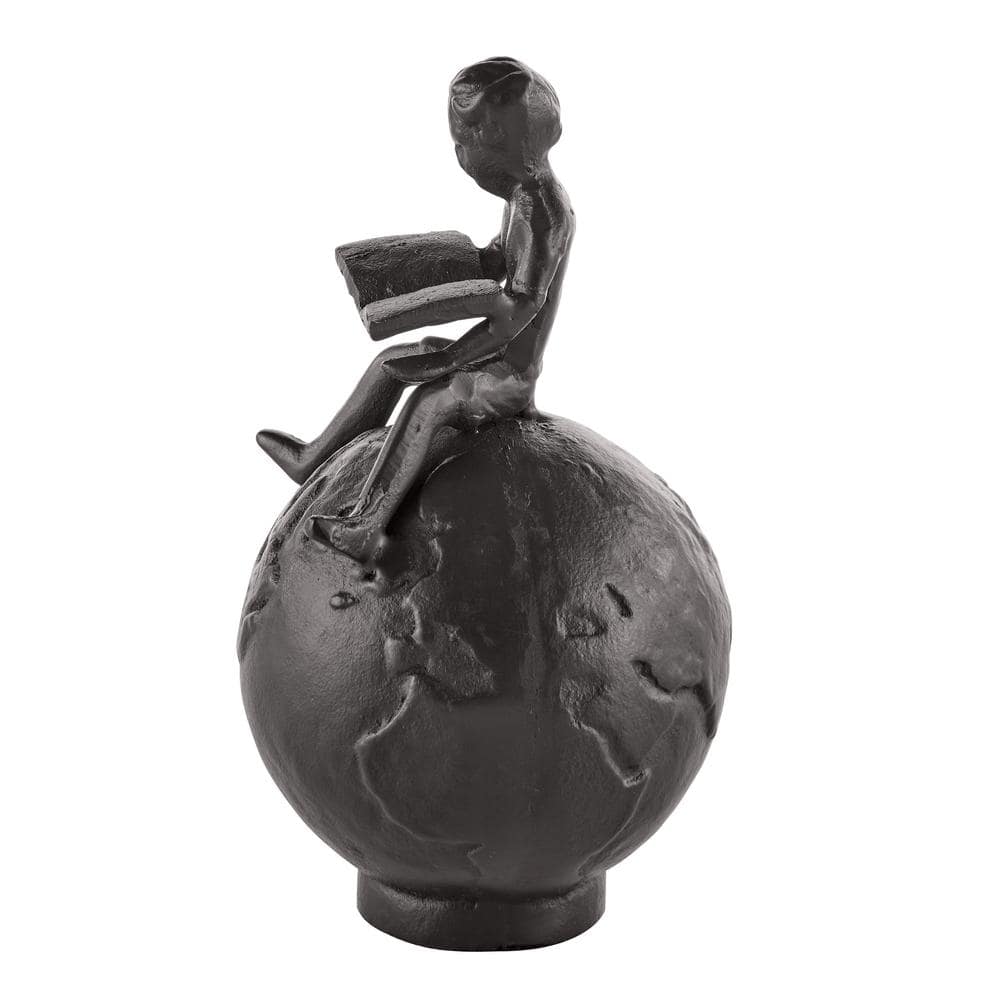 Bronze Cast Iron Boy Reading on Globe Tabletop Sculpture