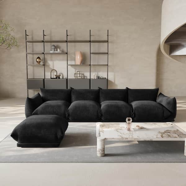 Modern 131 in. Flared Arm 5-Piece Chenille 4 Seater Modular Convertible Couch Sectional Sofa with Ottoman in. Black