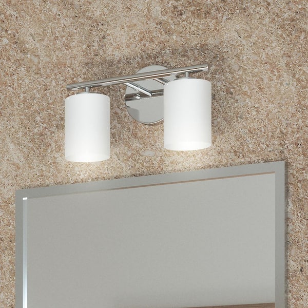 Replay Collection 13 in. 2-Light Polished Nickel Etched White Glass Modern Bathroom Vanity Light