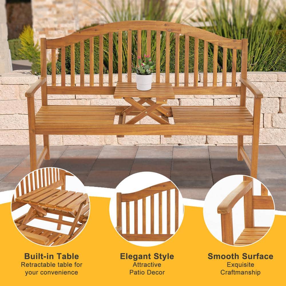 59" Rustic Acacia Wood Outdoor Bench with Pop-Up Table