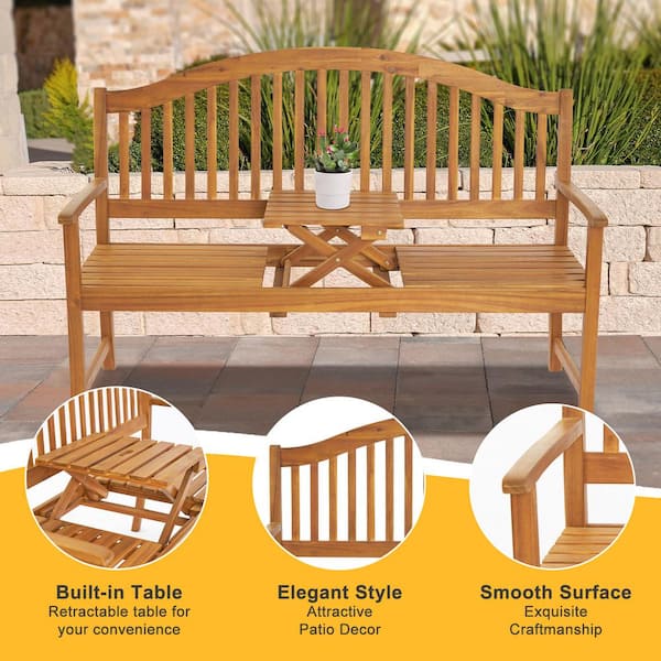 59 in. Acacia Wood Outdoor Patio Bench with Built in Table Park Bench Garden Bench