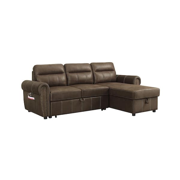 SIMPLE RELAX 96 in. W Reversible Sleeper Fabric Sectional Sofa Chaise with USB Chargers and Pocket in Brown