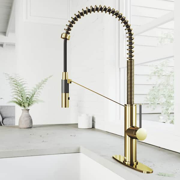 VIGO Livingston Single Handle Pull-Down Sprayer Kitchen Faucet Set with Deck Plate in Matte Brushed Gold