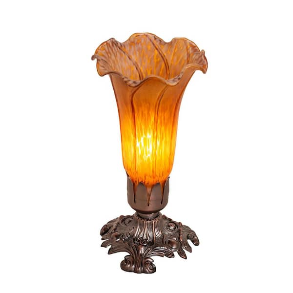 Pond Lily 8 in. Mahogany Bronze Novelty Victorian Mini Table Lamp with Amber Glass Shade
